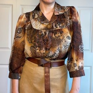Brown Tan Paisley Double Collar One-Button Blouse | Sere Nade | Size M
